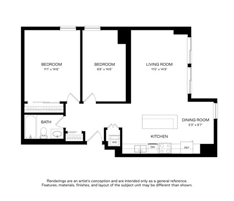 Floor plan for 2 beds, 1 bath, 902 sqft